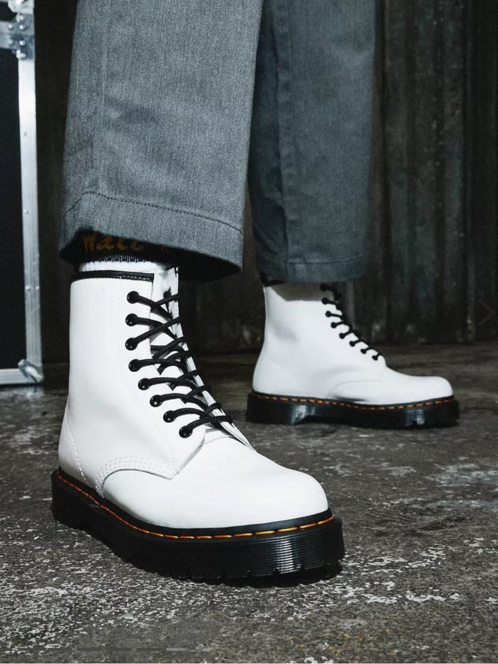 Dr. Martens White Leather 8-Eye Lace-Up Platform Boots with Black Laces